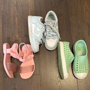 (3) Girls Size 11 Shoes Mini Melissa, Nike, Blue Air Force, Native mint sneakers
